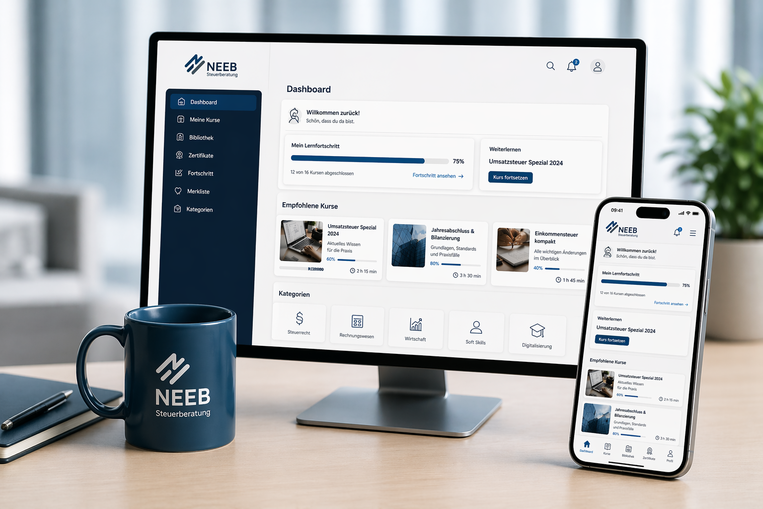 Digitale Lernplattform der Steuerberatung Neeb auf Smartphone und Monitor